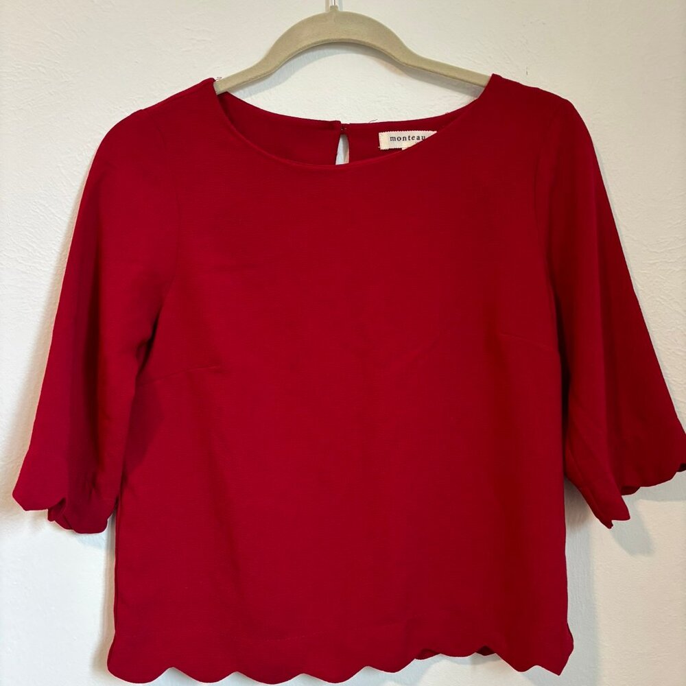 Red boatneck 3/4 sleeve blouse with scallop detail hem